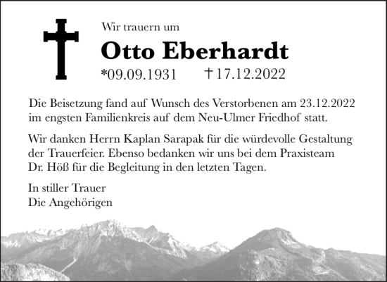 Traueranzeige von Otto Eberhardt von SÜDWEST PRESSE Ausgabe Ulm/Neu-Ulm