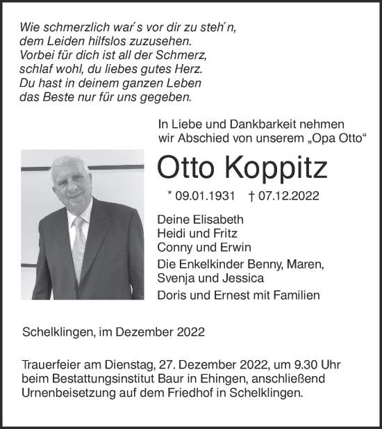 Traueranzeige von Otto Koppitz von Ehinger Tagblatt