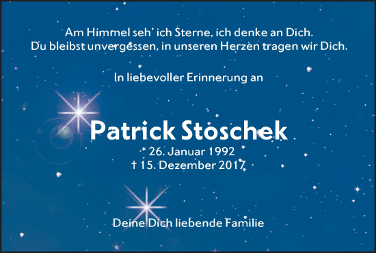 Traueranzeige von Patrick Stoschek von SÜDWEST PRESSE Ausgabe Ulm/Neu-Ulm