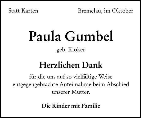 Traueranzeige von Paula Gumbel von Alb-Bote/Metzinger-Uracher Volksblatt