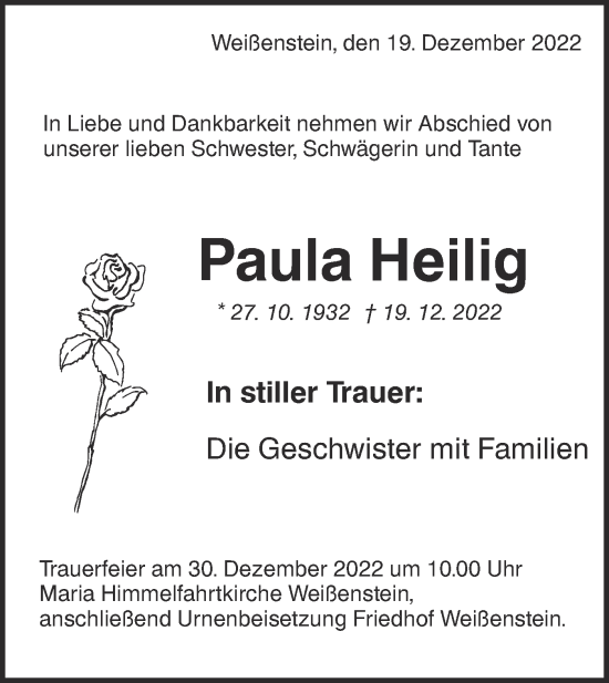 Traueranzeige von Paula Heilig von NWZ Neue Württembergische Zeitung