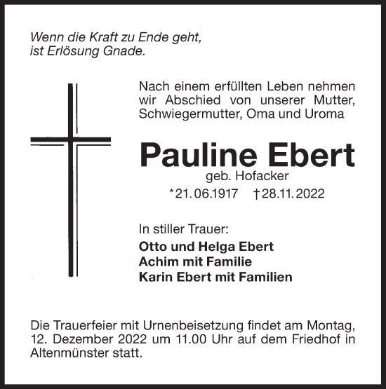 Traueranzeige von Pauline Ebert von Hohenloher Tagblatt