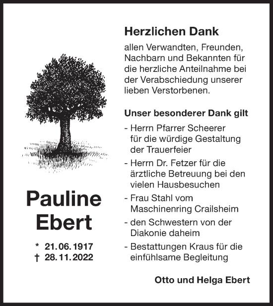 Traueranzeige von Pauline Ebert von Hohenloher Tagblatt