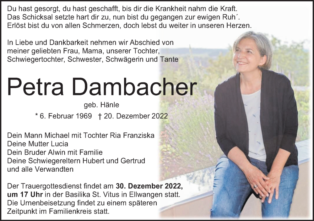  Traueranzeige für Petra Dambacher vom 27.12.2022 aus Haller Tagblatt