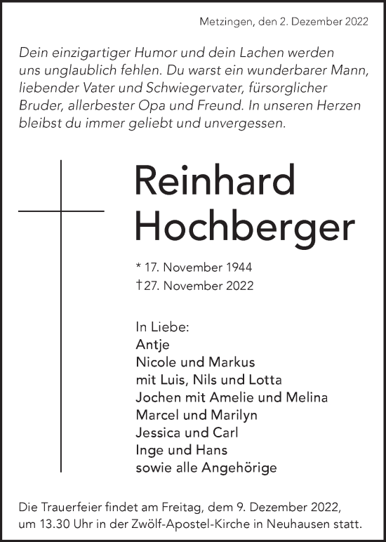 Traueranzeige von Reinhard Hochberger von Metzinger-Uracher Volksblatt