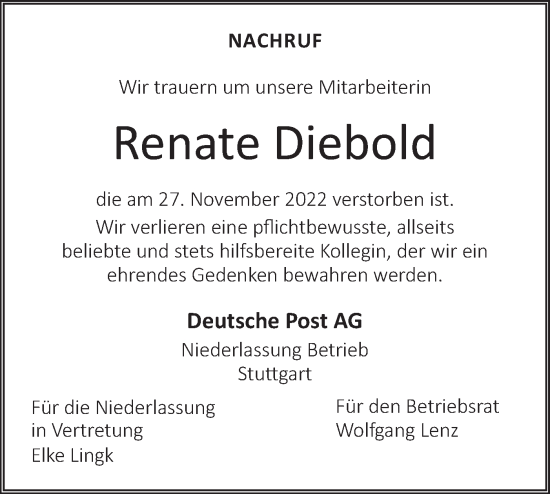 Traueranzeige von Renate Diebold von Geislinger Zeitung