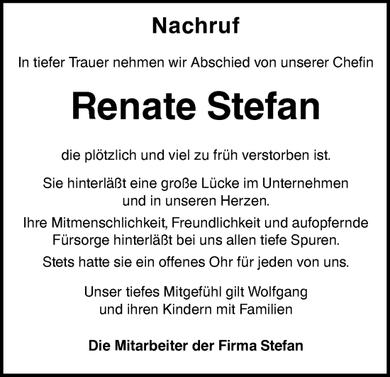 Traueranzeige von Renate Stefan von Alb-Bote/Metzinger-Uracher Volksblatt