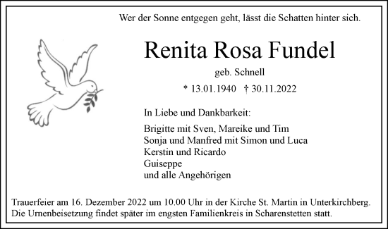 Traueranzeige von Renita Rosa Fundel von SÜDWEST PRESSE Ausgabe Ulm/Neu-Ulm