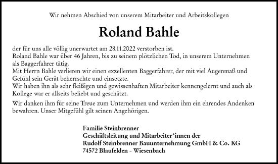 Traueranzeige von Roland Bahle von Hohenloher Tagblatt