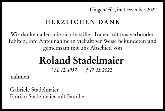 Traueranzeige von Roland Stadelmaier von NWZ Neue Württembergische Zeitung/Geislinger Zeitung