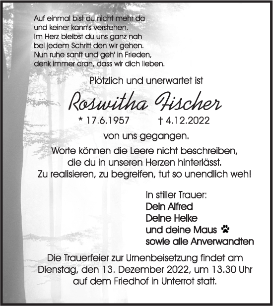 Traueranzeige von Roswitha Fischer von Rundschau Gaildorf