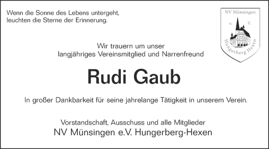 Traueranzeige von Rudi Gaub von Alb-Bote/Metzinger-Uracher Volksblatt