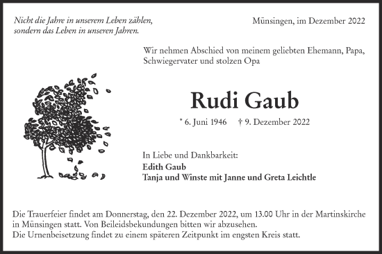 Traueranzeige von Rudi Gaub von Alb-Bote/Metzinger-Uracher Volksblatt