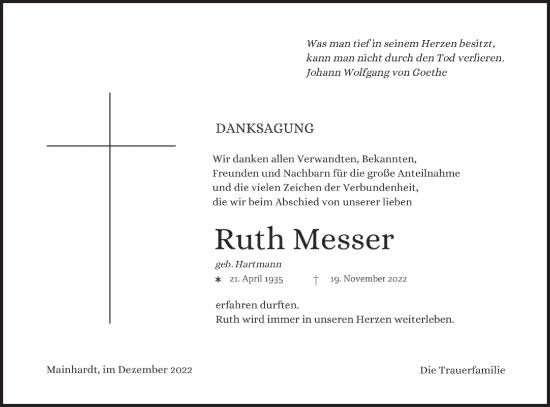 Traueranzeige von Ruth Messer von Haller Tagblatt