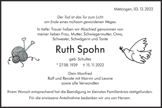 Traueranzeige von Ruth Spohn von Metzinger-Uracher Volksblatt