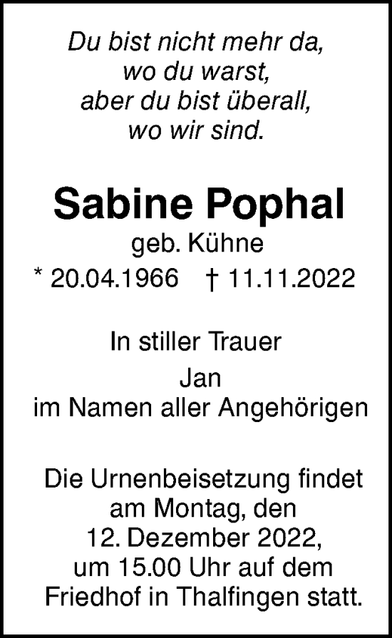 Traueranzeige von Sabine Pophal von SÜDWEST PRESSE Ausgabe Ulm/Neu-Ulm