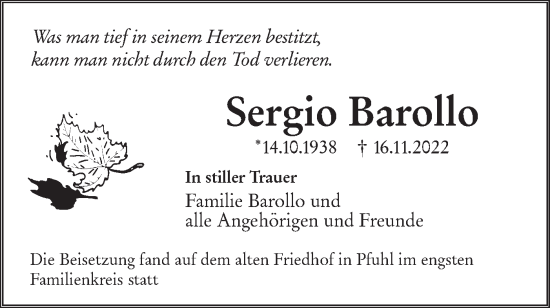 Traueranzeige von Sergio Barollo von SÜDWEST PRESSE Ausgabe Ulm/Neu-Ulm