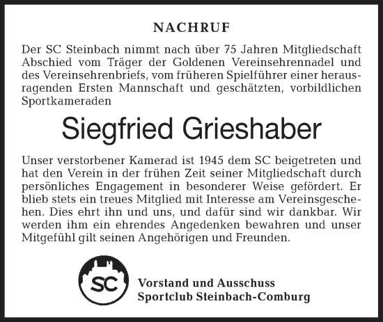 Traueranzeige von Siegfried Grieshaber von Haller Tagblatt