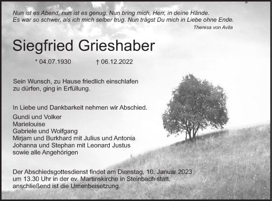 Traueranzeige von Siegfried Grieshaber von Haller Tagblatt