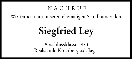 Traueranzeige von Siegfried Ley von Hohenloher Tagblatt