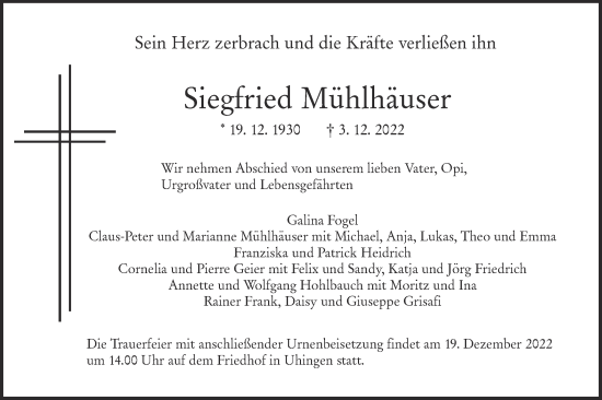 Traueranzeige von Siegfried Mühlhäuser von NWZ Neue Württembergische Zeitung