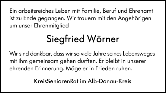 Traueranzeige von Siegfried Wörner von SÜDWEST PRESSE