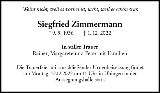 Traueranzeige von Siegfried Zimmermann von NWZ Neue Württembergische Zeitung