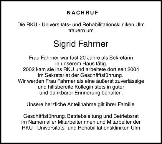 Traueranzeige von Sigrid Fahrner von SÜDWEST PRESSE Ausgabe Ulm/Neu-Ulm