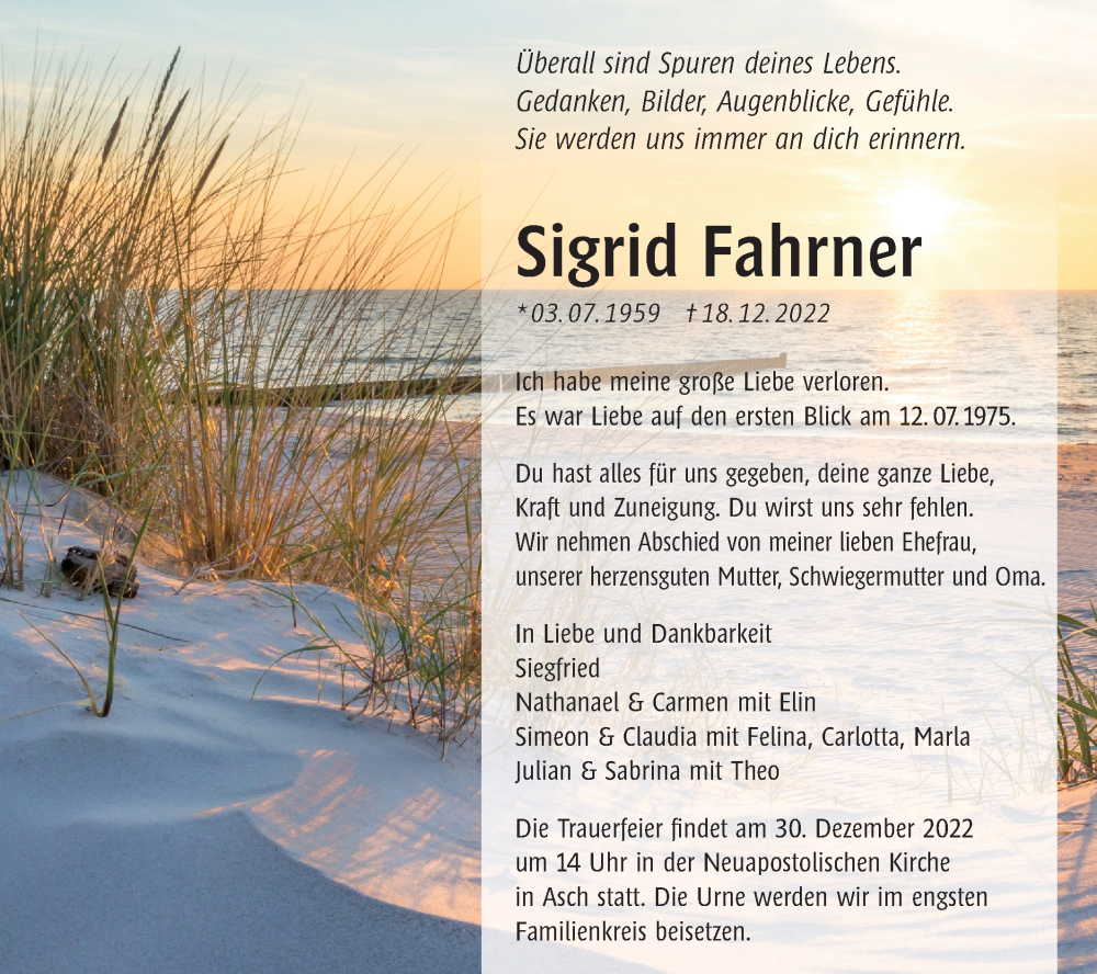  Traueranzeige für Sigrid Fahrner vom 24.12.2022 aus SÜDWEST PRESSE Ausgabe Ulm/Neu-Ulm