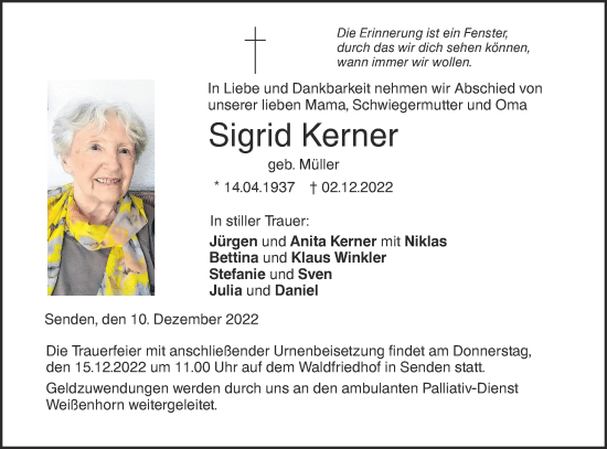 Traueranzeige von Sigrid Kerner von SÜDWEST PRESSE Ausgabe Ulm/Neu-Ulm