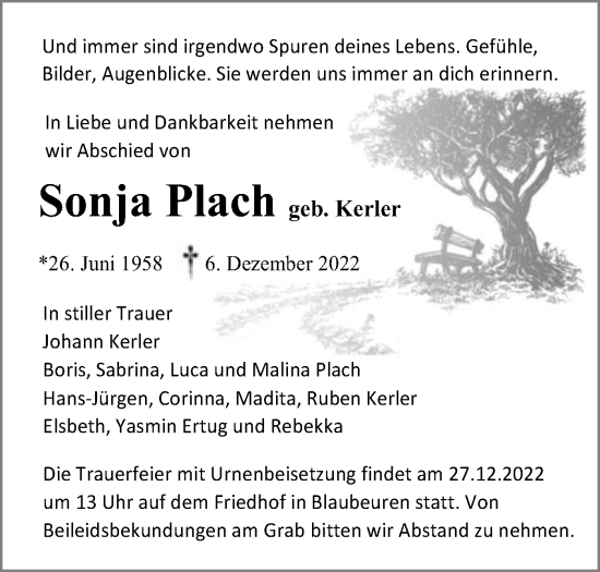 Traueranzeige von Sonja Plach von SÜDWEST PRESSE Ausgabe Ulm/Neu-Ulm