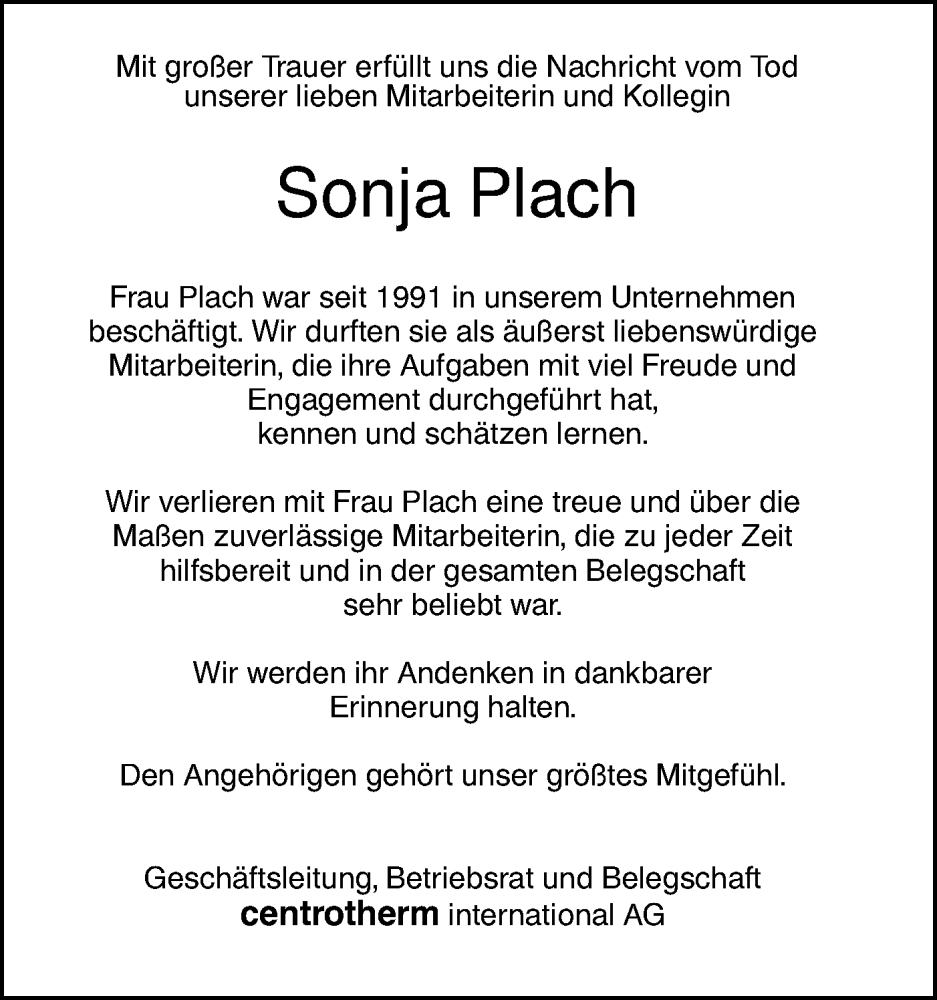  Traueranzeige für Sonja Plach vom 23.12.2022 aus SÜDWEST PRESSE Ausgabe Ulm/Neu-Ulm