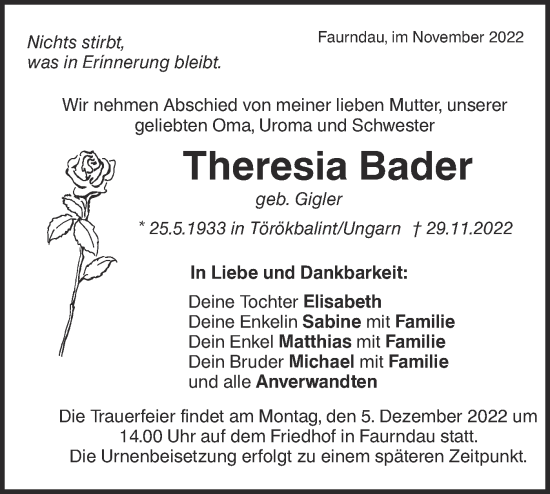 Traueranzeige von Theresia Bader von NWZ Neue Württembergische Zeitung