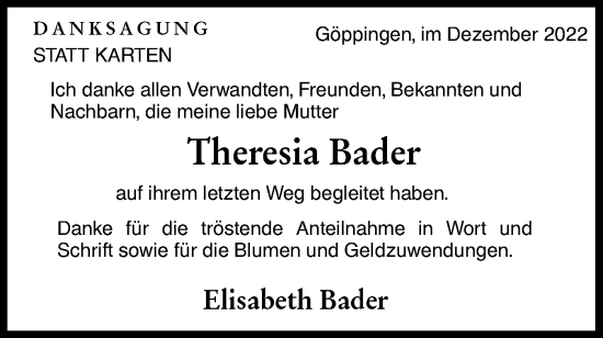 Traueranzeige von Theresia Bader von NWZ Neue Württembergische Zeitung