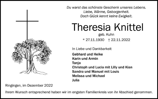 Traueranzeige von Theresia Knittel von SÜDWEST PRESSE Ausgabe Ulm/Neu-Ulm