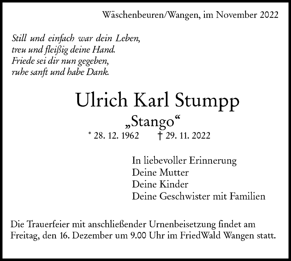  Traueranzeige für Ulrich Karl Stumpp vom 10.12.2022 aus NWZ Neue Württembergische Zeitung