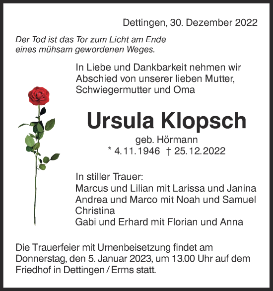 Traueranzeige von Ursula Klopsch von Metzinger-Uracher Volksblatt