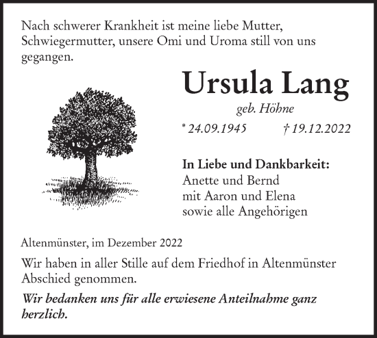 Traueranzeige von Ursula Lang von Hohenloher Tagblatt