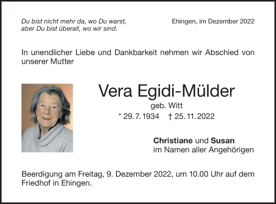 Traueranzeige von Vera Egidi-Mülder von Ehinger Tagblatt