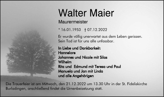 Traueranzeige von Walter Maier von Metzinger-Uracher Volksblatt