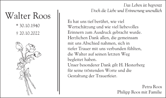 Traueranzeige von Walter Roos von SÜDWEST PRESSE Ausgabe Ulm/Neu-Ulm