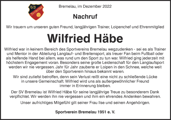 Traueranzeige von Wilfried Häbe von Alb-Bote/Metzinger-Uracher Volksblatt