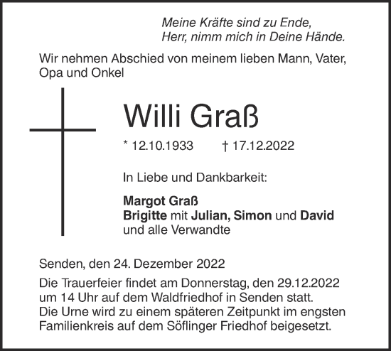 Traueranzeige von Willi Graß von SÜDWEST PRESSE Ausgabe Ulm/Neu-Ulm