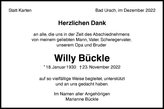 Traueranzeige von Willy Bückle von Metzinger-Uracher Volksblatt