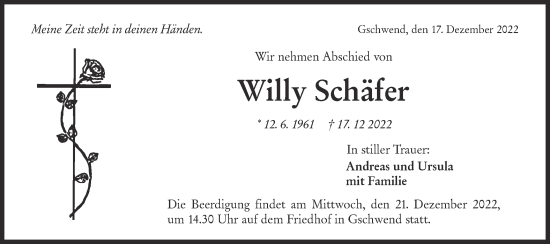 Traueranzeige von Willy Schäfer von Rundschau Gaildorf