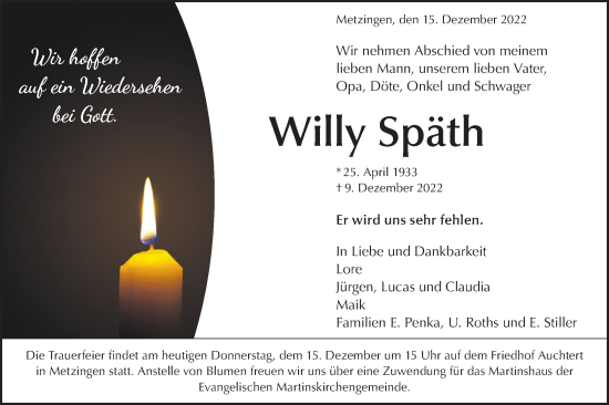 Traueranzeige von Willy Späth von Metzinger-Uracher Volksblatt