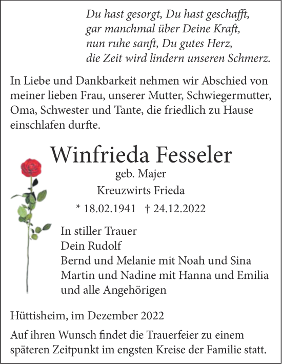 Traueranzeige von Winfrieda Fesseler von SÜDWEST PRESSE Ausgabe Ulm/Neu-Ulm