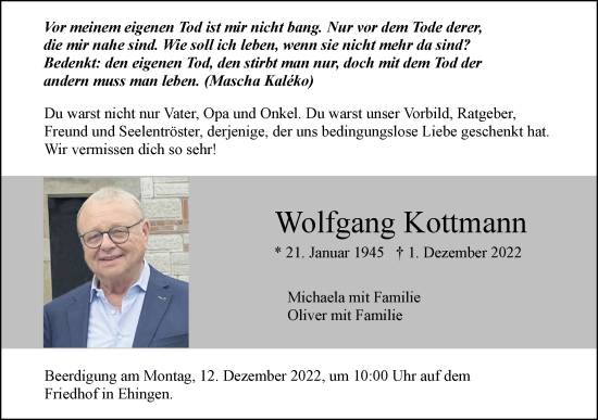 Traueranzeige von Wolfgang Kottmann von Ehinger Tagblatt