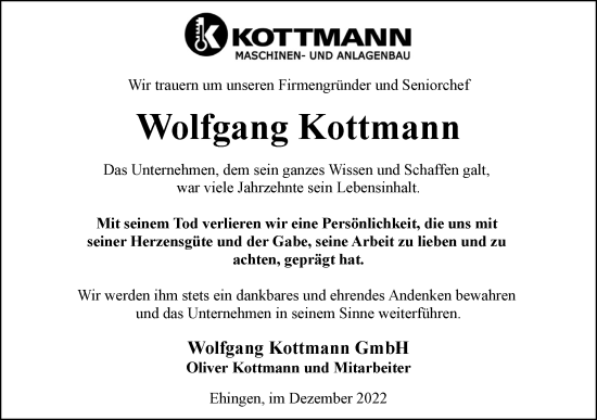 Traueranzeige von Wolfgang Kottmann von Ehinger Tagblatt