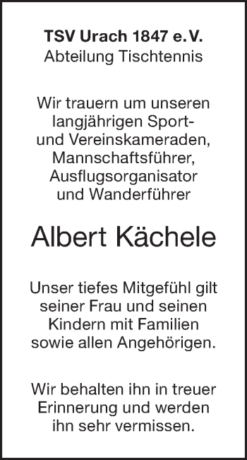 Traueranzeige von Albert Kächele von Metzinger-Uracher Volksblatt